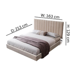 Beige upholstered bed with dimensions labeled on a white background